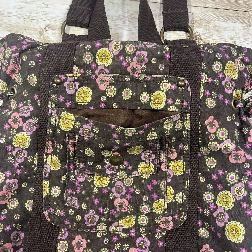 Everyday Shoulder Bag Brown Floral Button Closure, Boho, Cottagecore, Pockets